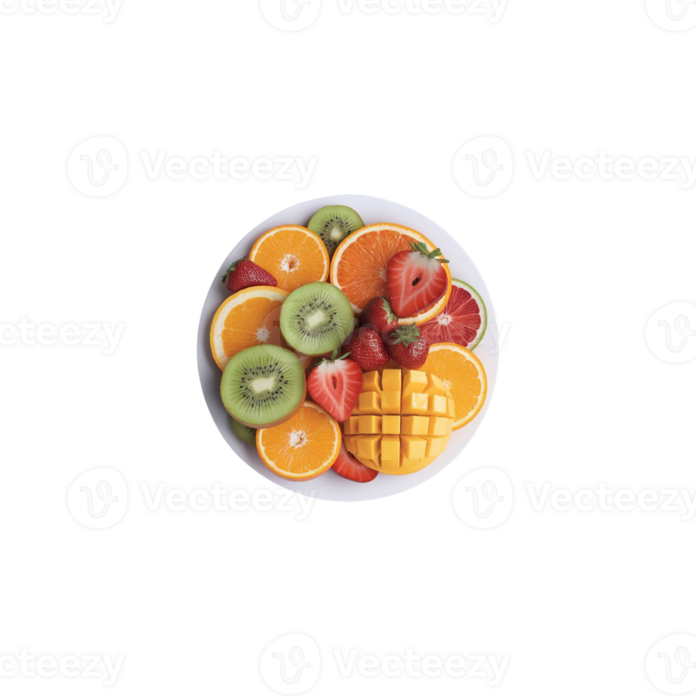 Image of vibrant fruit slices arranged on a plate with a clear backdrop png