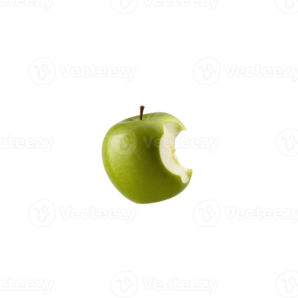 The image shows a green apple with a missing bite on a transparent background png