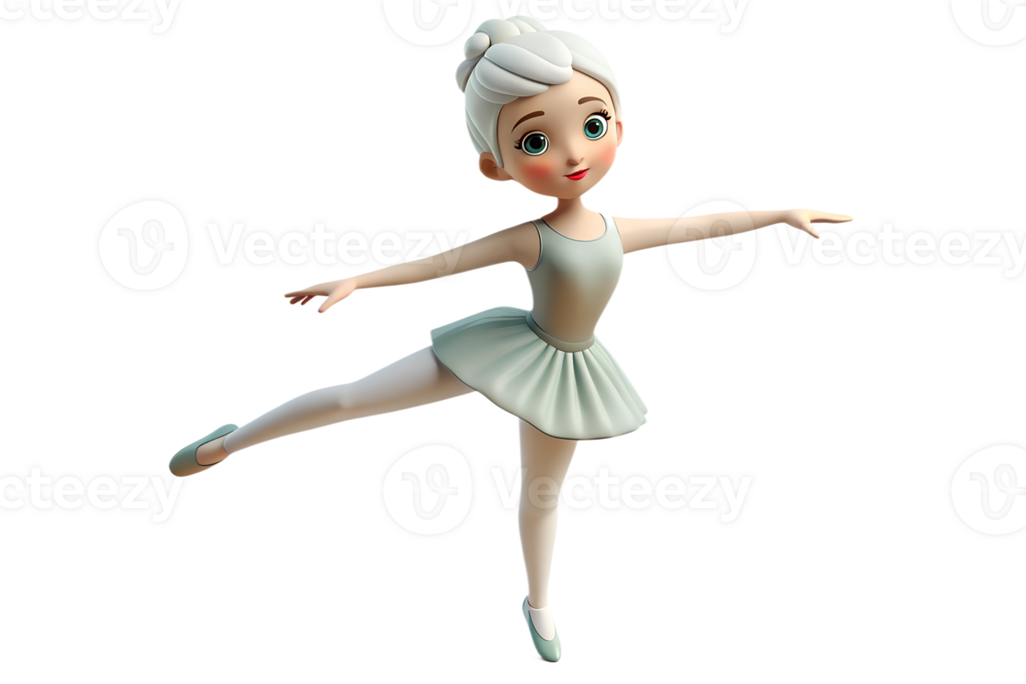 Adorable ballerina dancer with white hair performing ballet pose 3d illustration isolated on the transparent background png