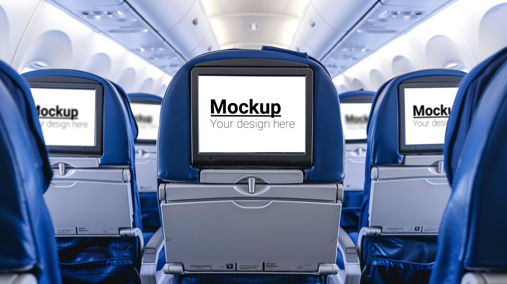 An airplane with blue seats and a screen psd