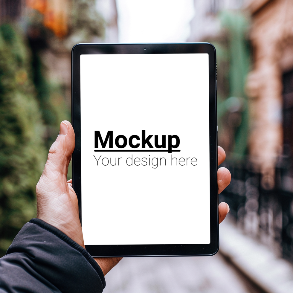 Tablet mockup with a person holding it psd