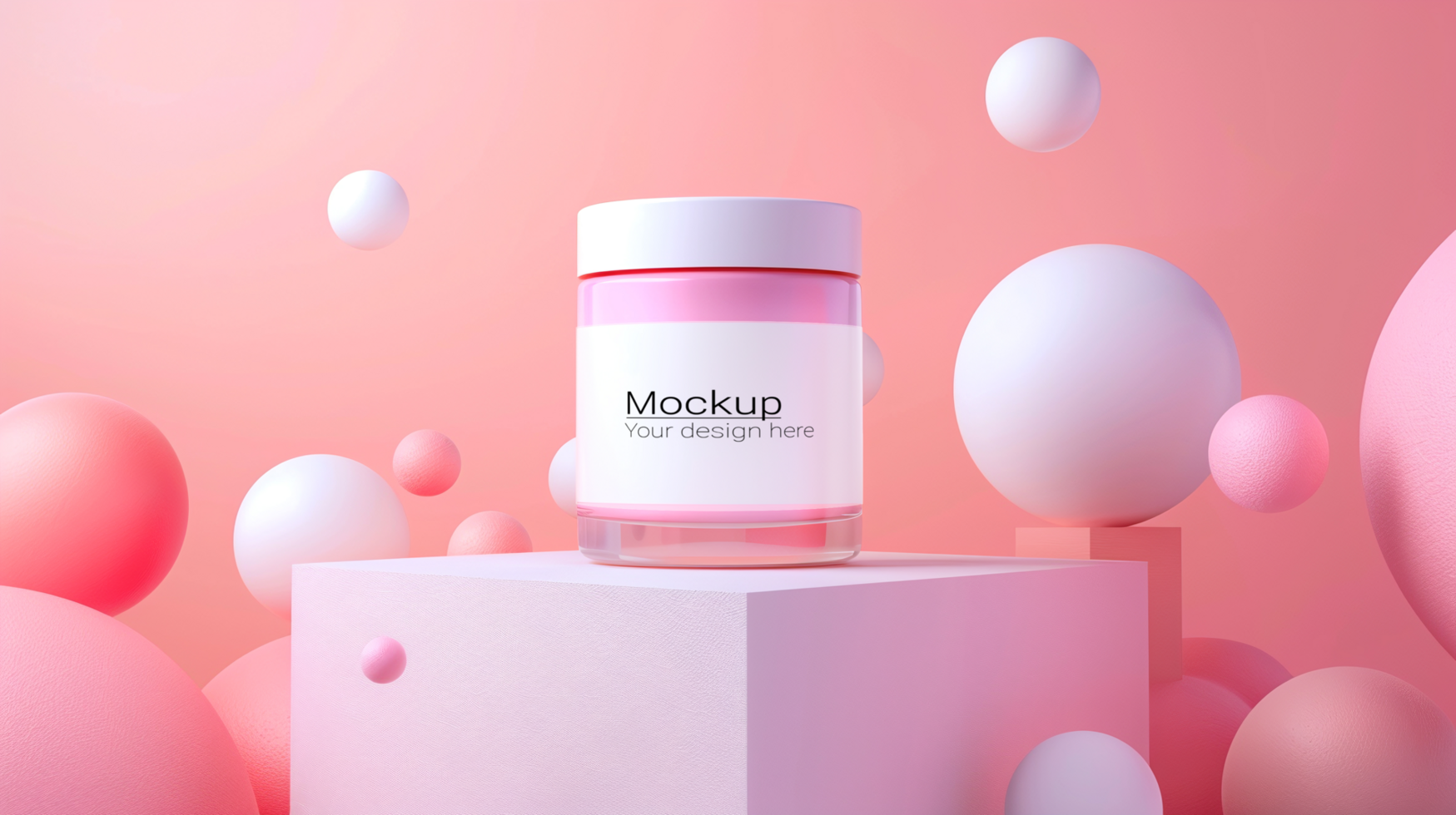 A pink bottle of makeup is sitting on a white cube psd