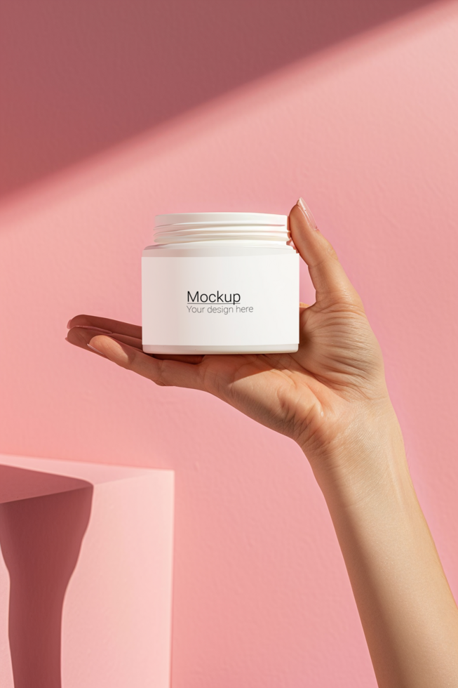 Hand holding a jar of cosmetic cream on a pink background psd