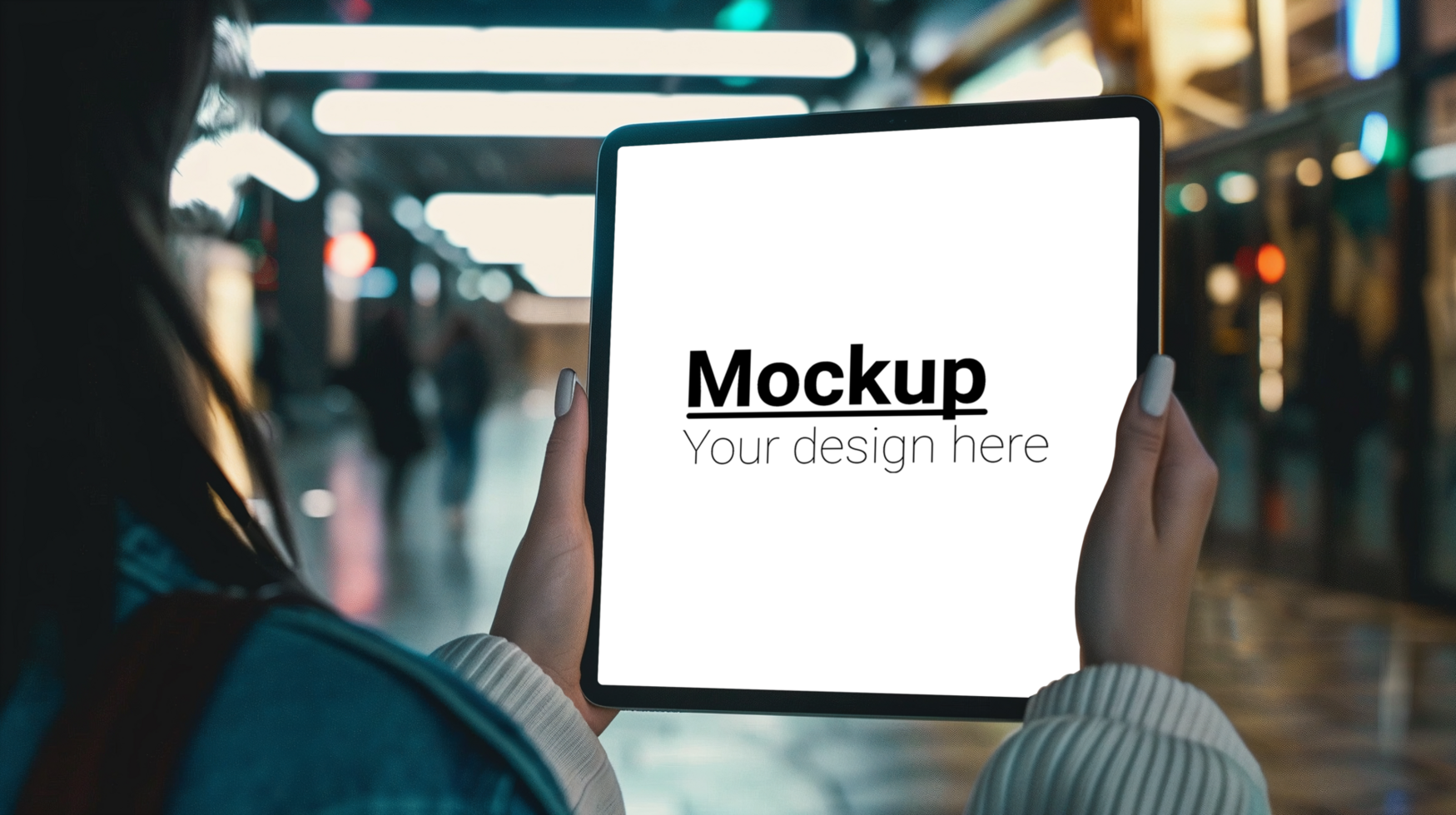Woman holding tablet mockup psd