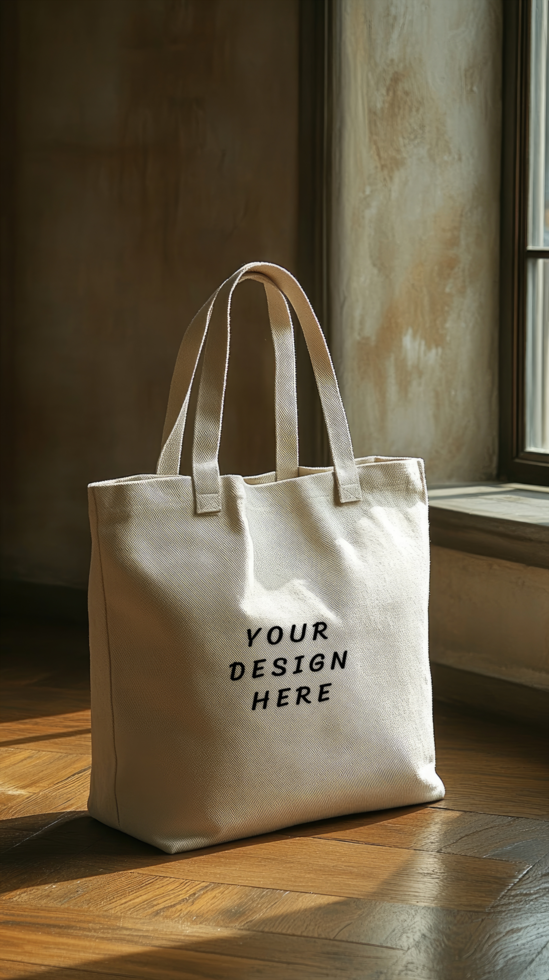Canvas tote bag mockup beside a window psd