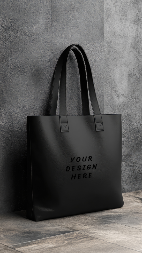 Black tote bag mockup on concrete wall psd