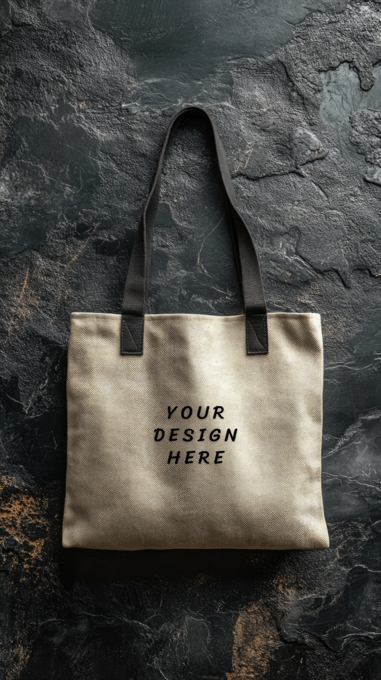Beige canvas tote bag mockup on a dark background psd