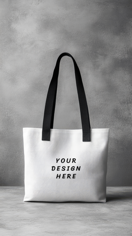 White tote bag mockup with black straps on grey background psd