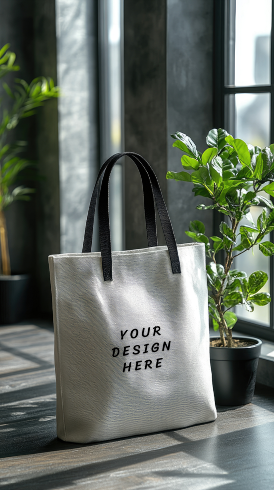 Canvas tote mockup on a wooden floor with plant and sunlight psd