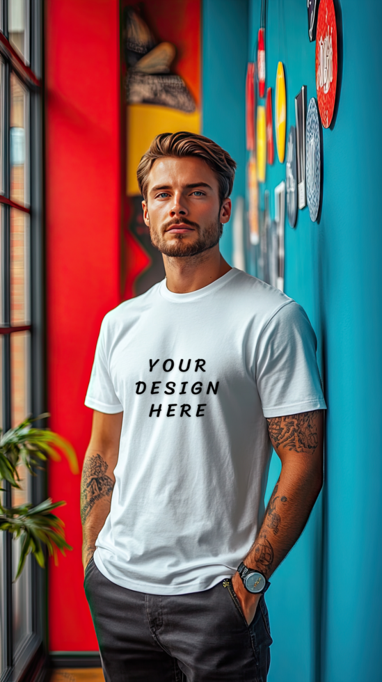 Man wearing a white t-shirt mockup putting hands in the pockets psd