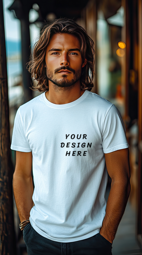 Long hair man wearing a white t - shirt mockup in a room psd