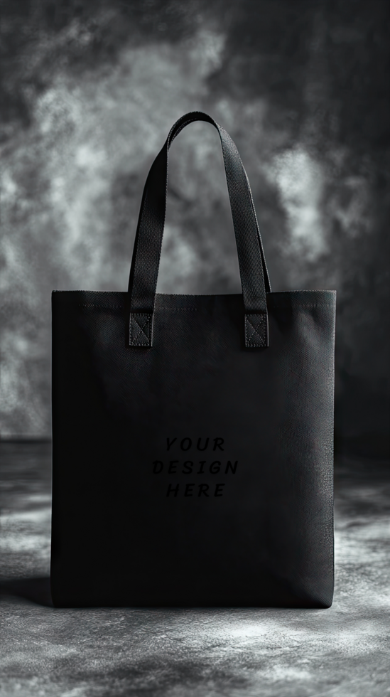 Black tote bag mockup on a dark background psd