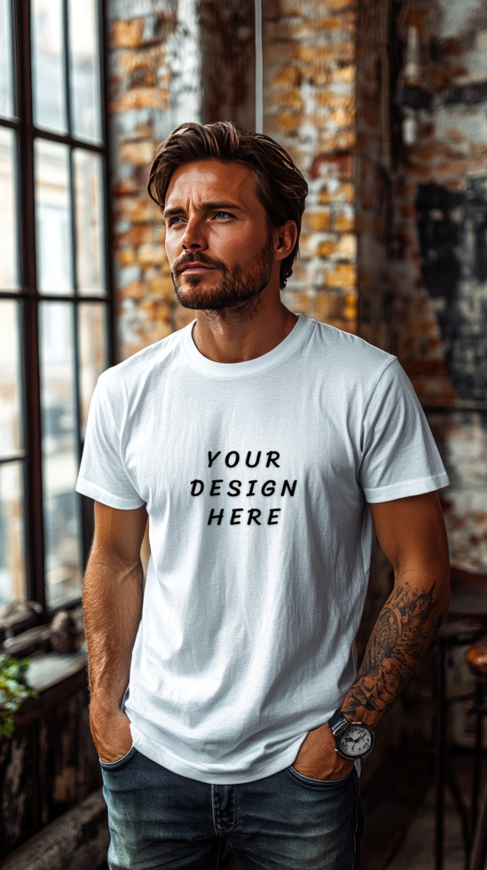 Man wearing a white t-shirt mockup beside a window psd