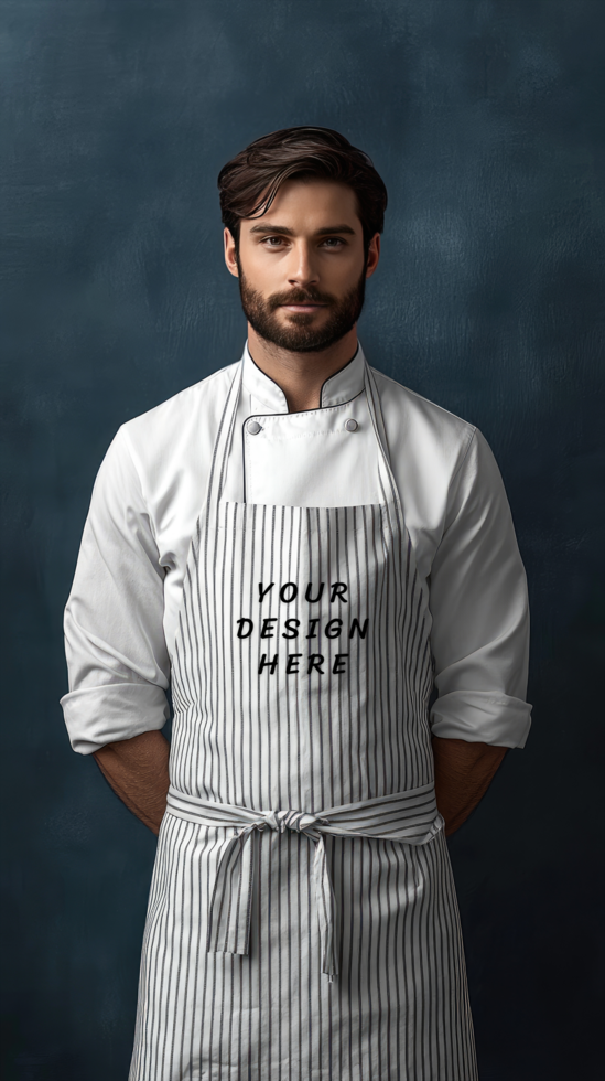 A man in a chef's apron standing against a dark background psd