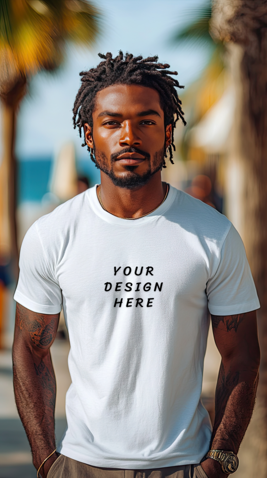 A dreadlock hair man wearing a white t - shirt mockup psd