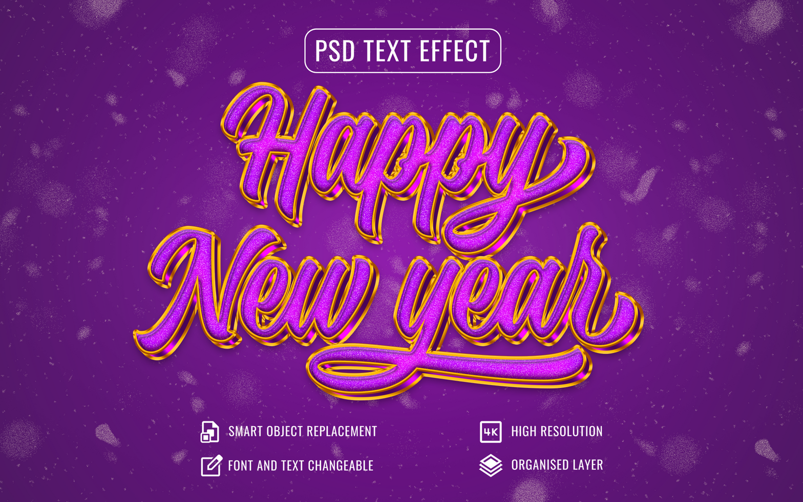 Purple and gold glittering new year and Christmas text effect psd