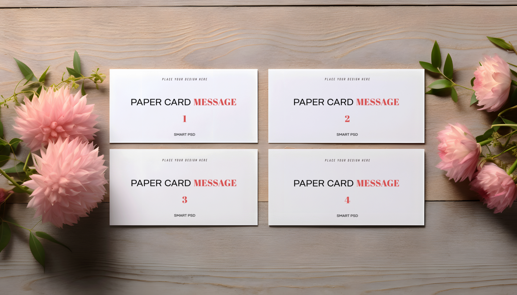 four cards with flowers on a wooden table psd