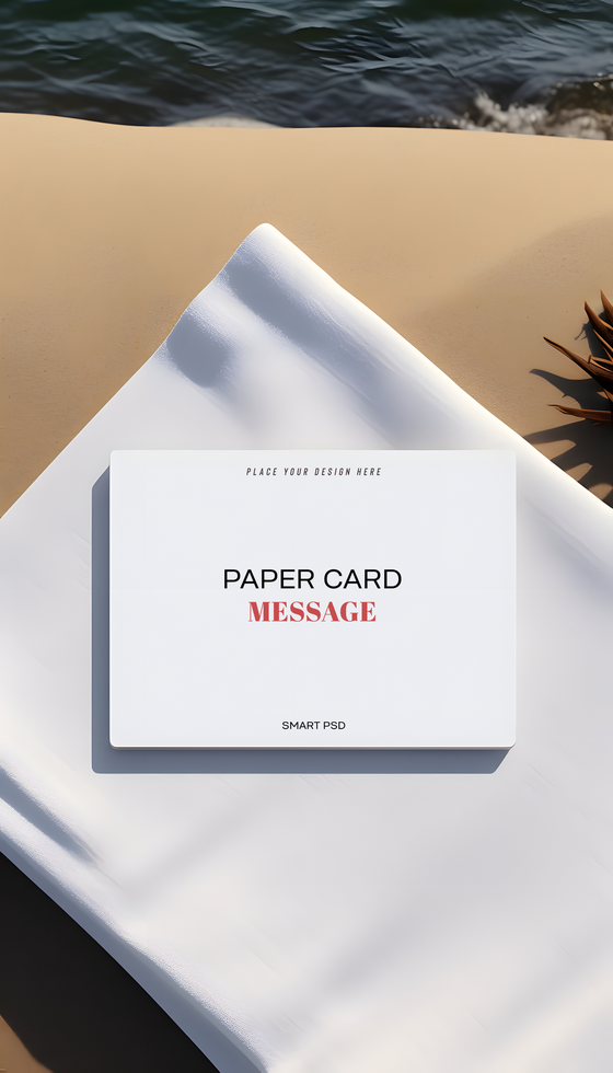 white paper card with a message on the beach psd