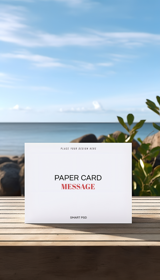 paper card mockup on wooden table with sea in background psd