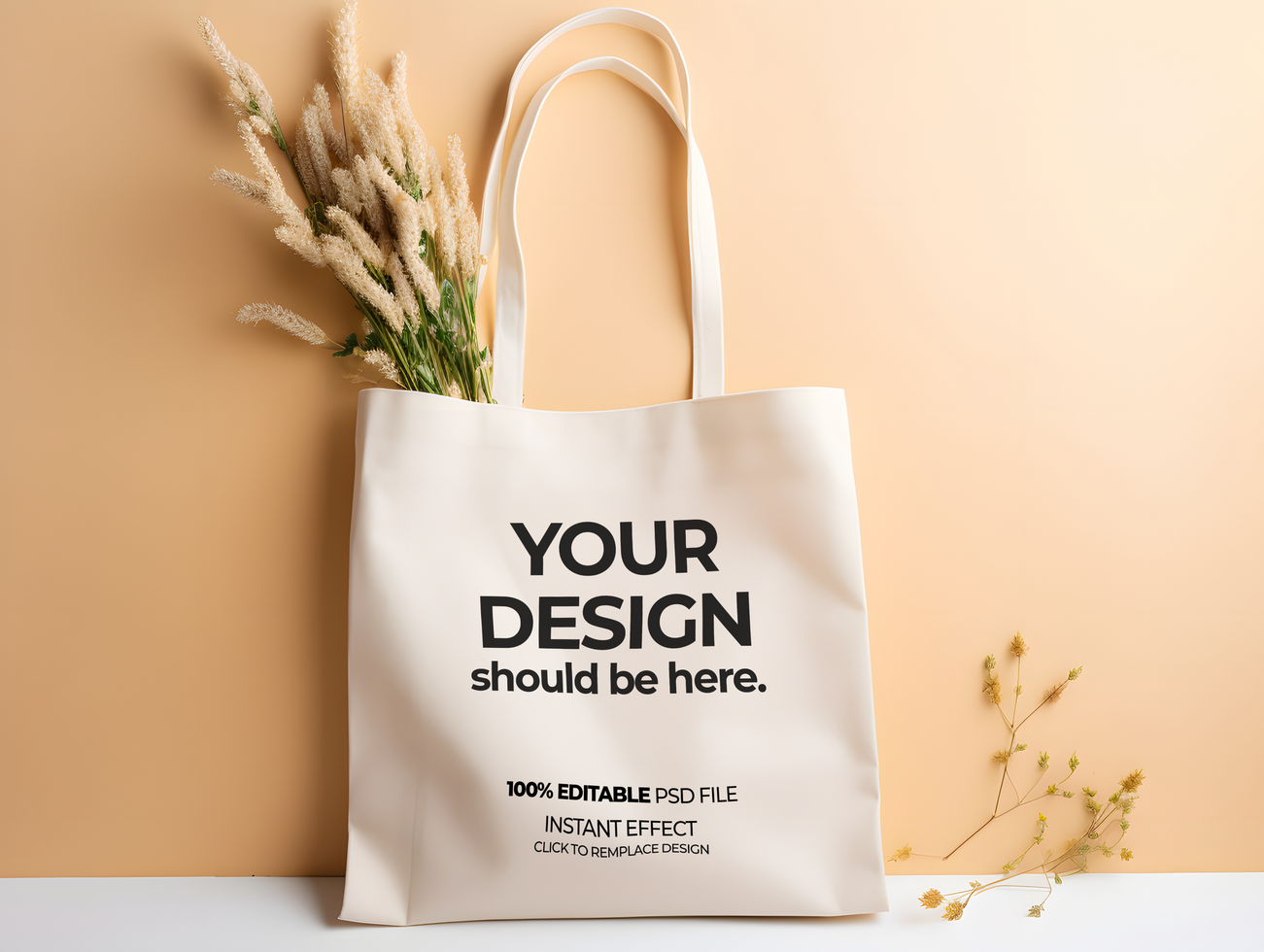 tote bag mockup with flowers on a beige background psd