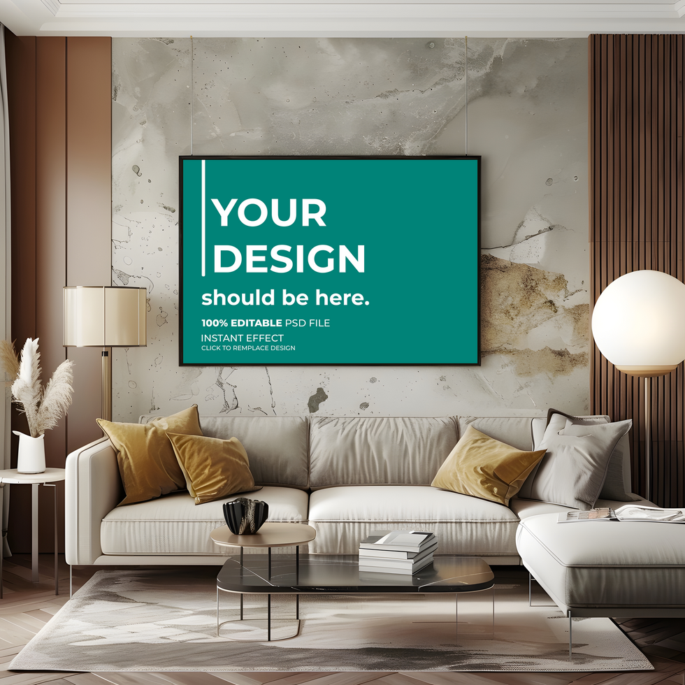 modern living room with a large poster mockup psd