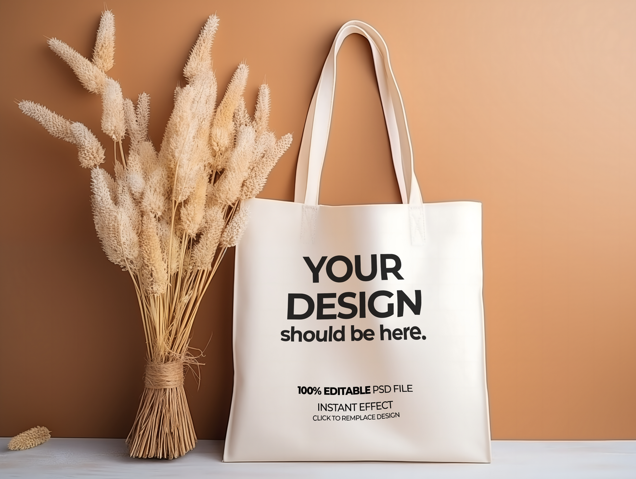 tote bag mockup with a vase of dried grass psd