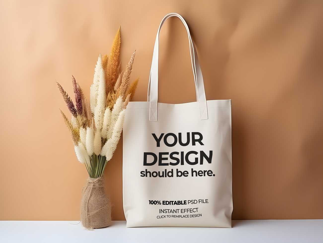 tote bag mockup with a vase on a beige background psd