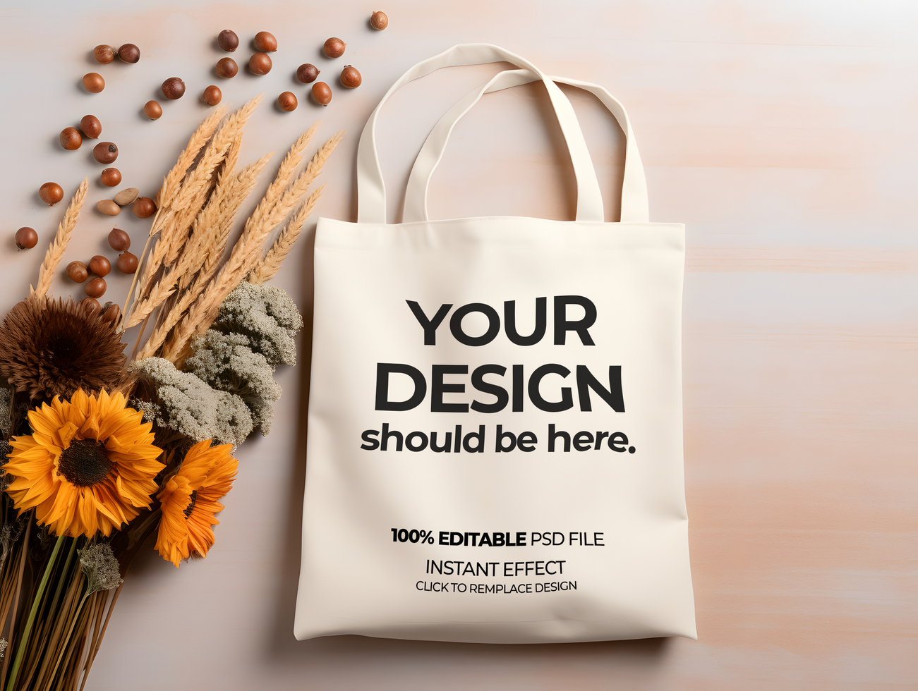 tote bag mockup with sunflowers and leaves psd