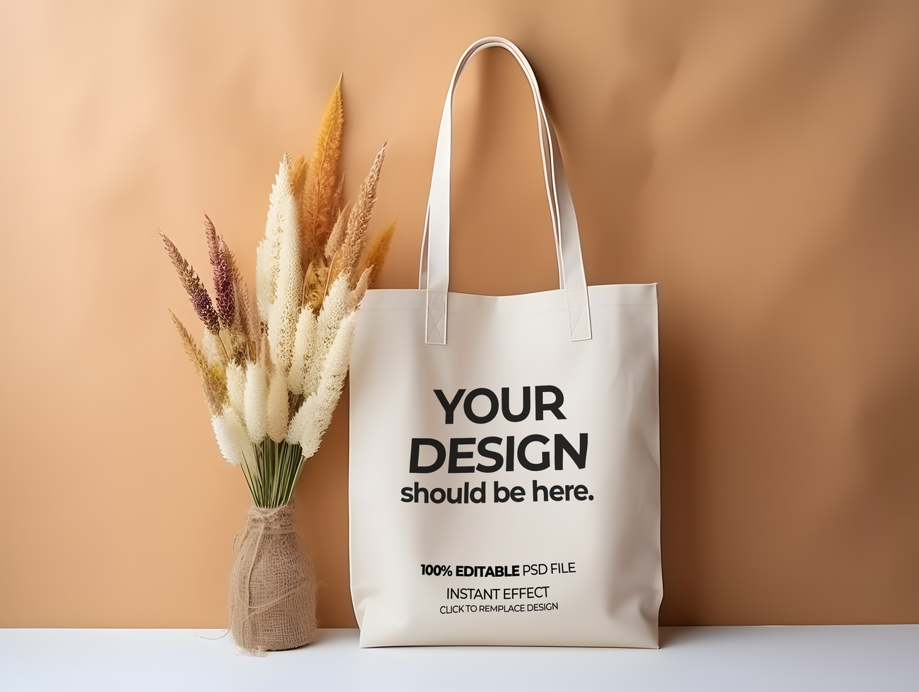 tote bag mockup with a vase on a table psd