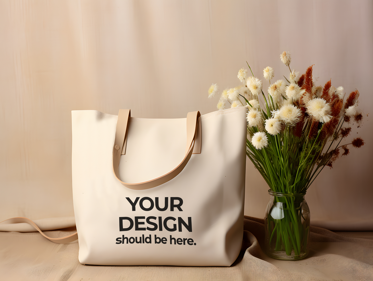 mockup of a tote bag with flowers on a table psd