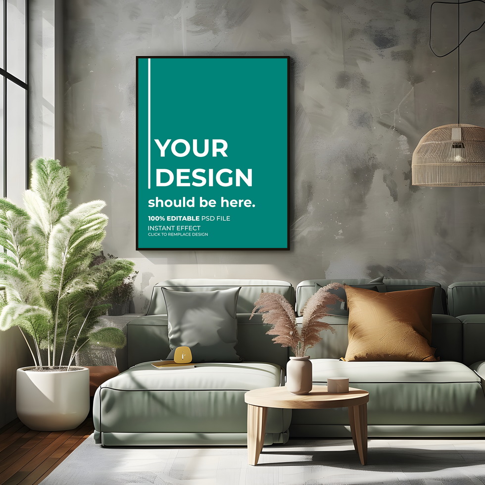 modern living room with a green sofa mockup psd