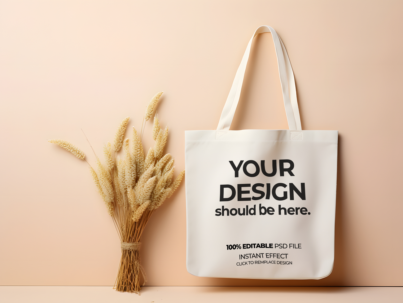 tote bag mockup with wheat and a plant psd