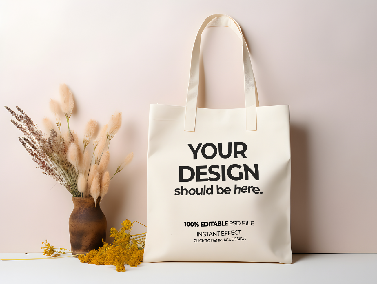 a tote bag mockup with a vase and flowers psd
