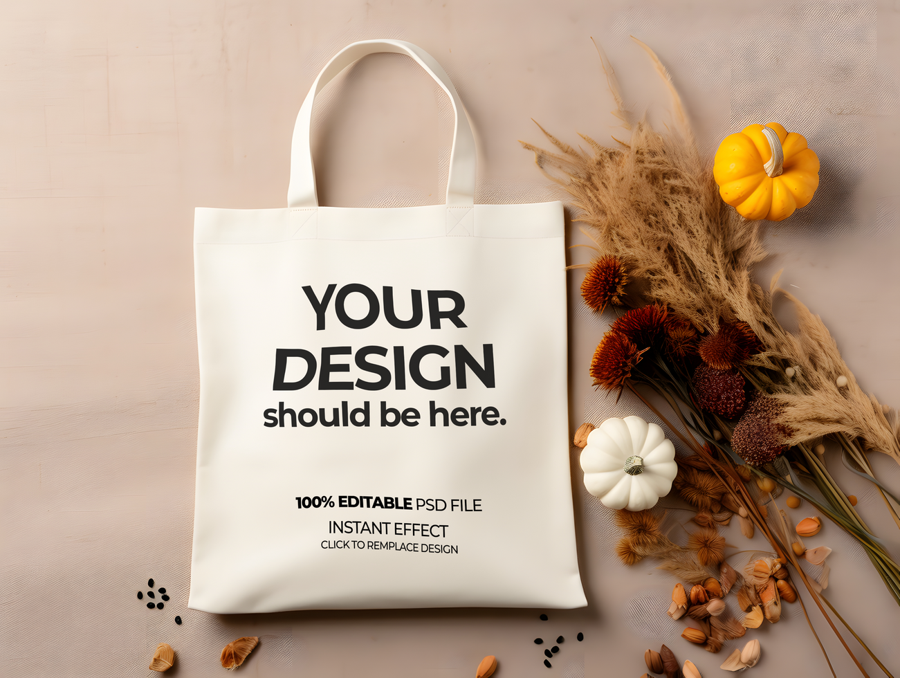a tote bag mockup with pumpkins and leaves psd