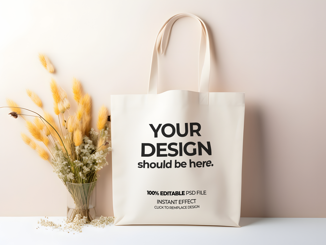 tote bag mockup with flowers on a table psd