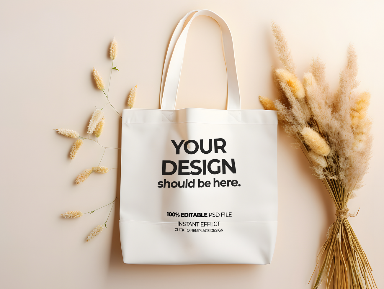 tote bag mockup with dry grass and flowers psd
