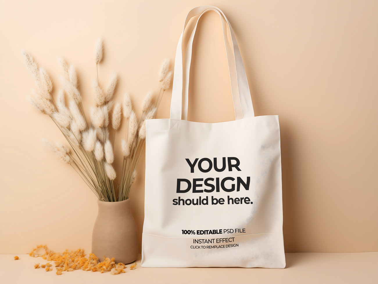 tote bag mockup with a vase and flowers on a beige background psd