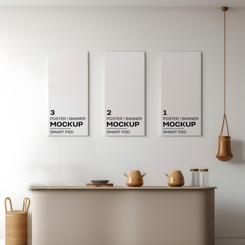 three posters on a wall in a kitchen psd