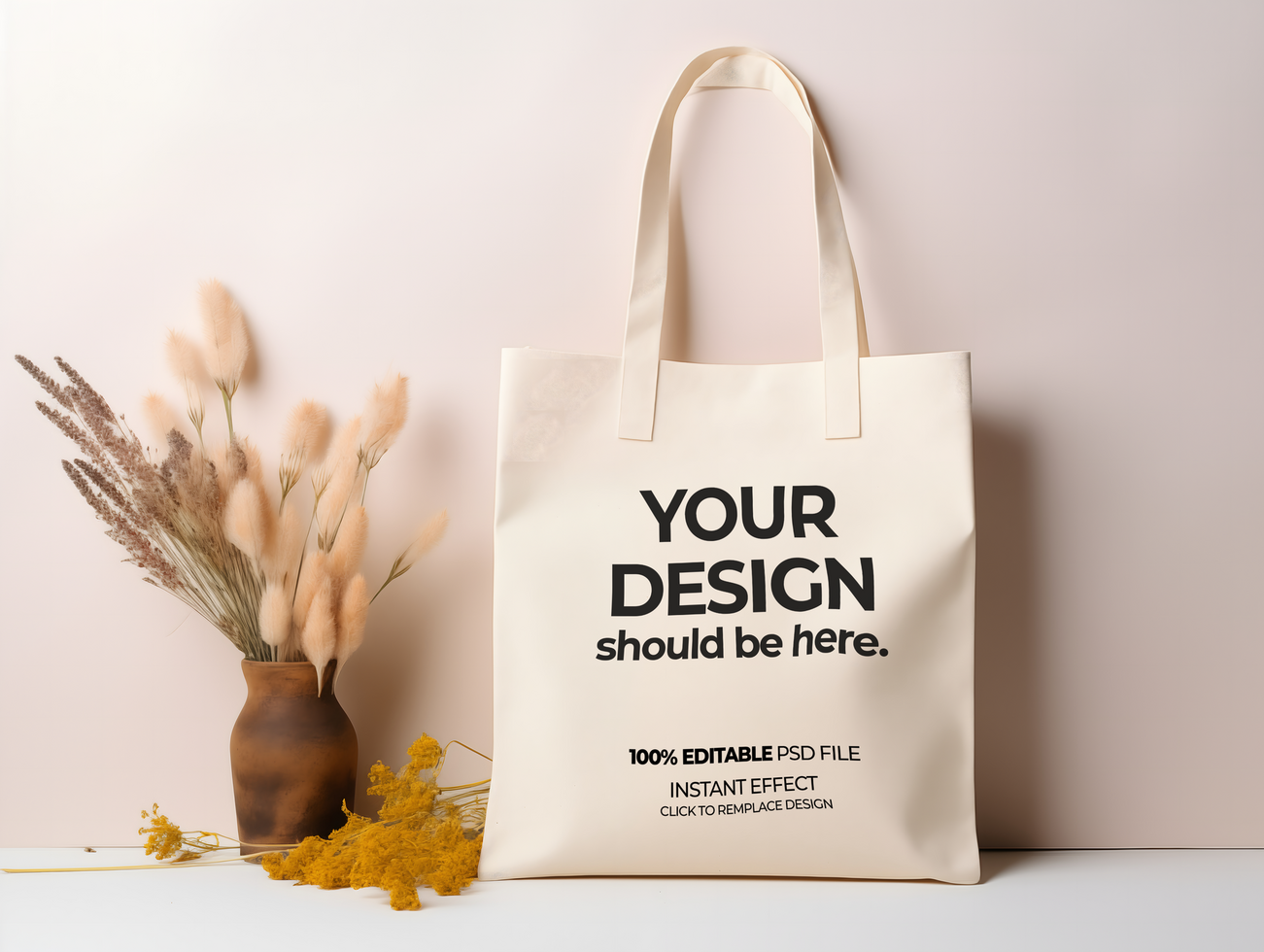 tote bag mockup with flowers on a table psd