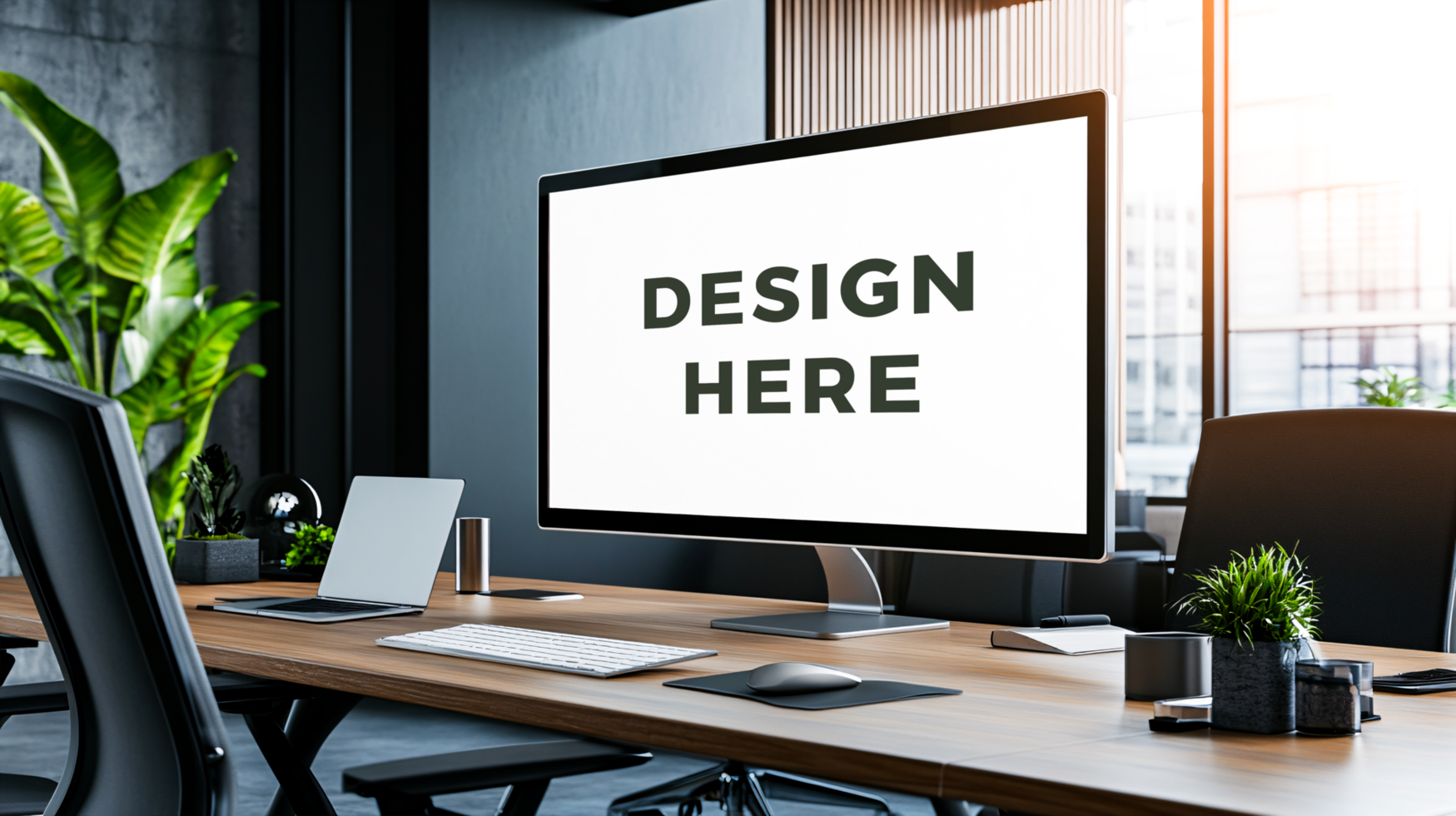 Blank computer screen mockup on table of conference room psd