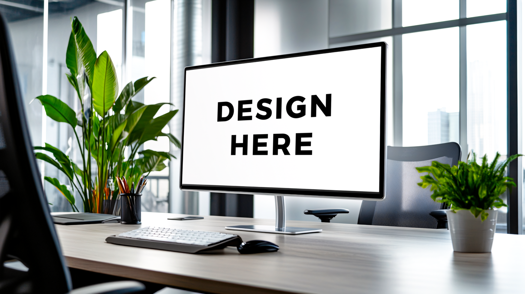 Computer screen mockup on table of conference room psd