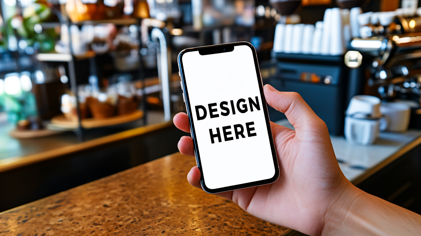 Hand holding phone screen mockup in modern coffee shop psd