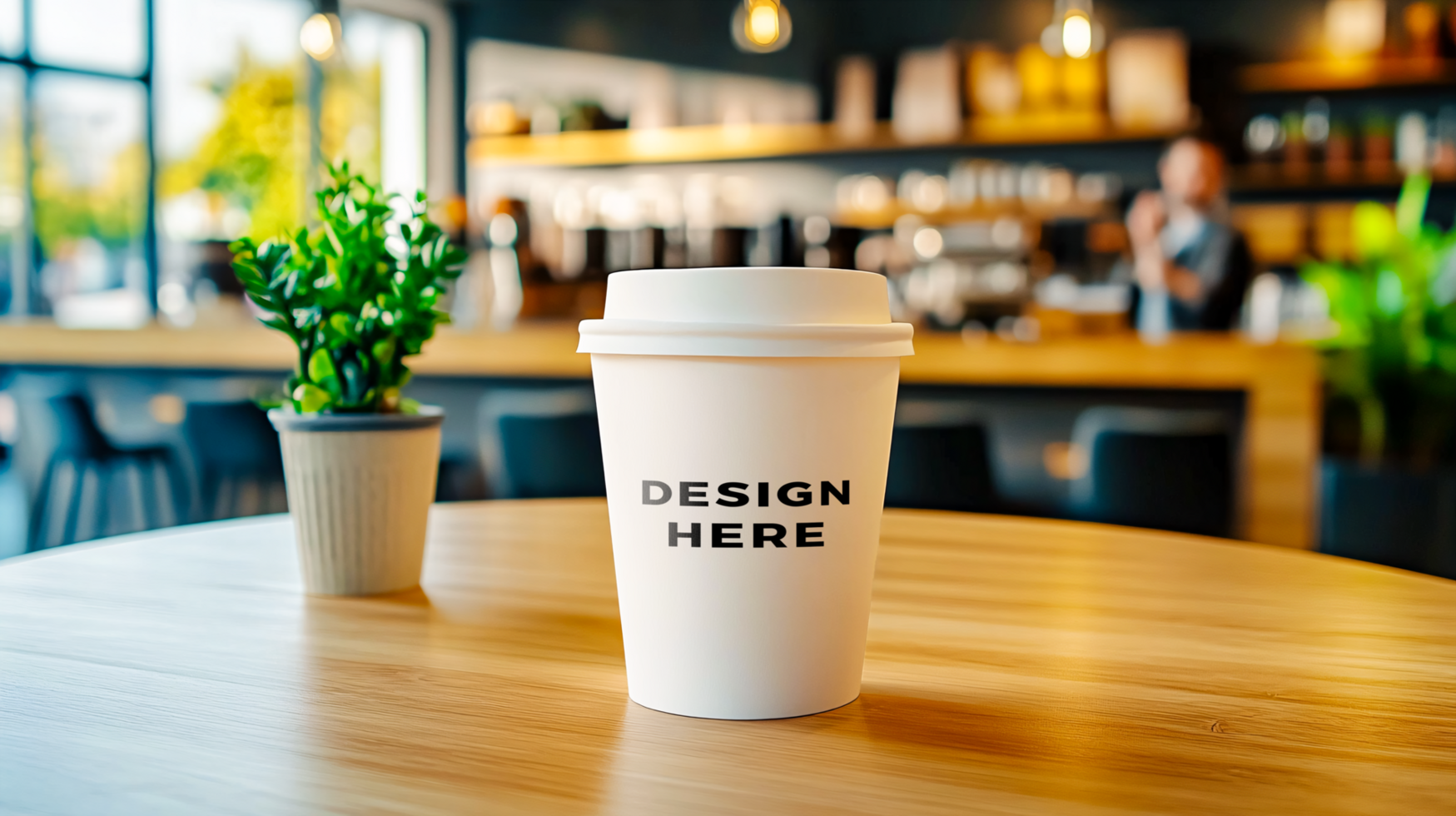 Blank paper coffee cup mockup on table in modern cafe psd