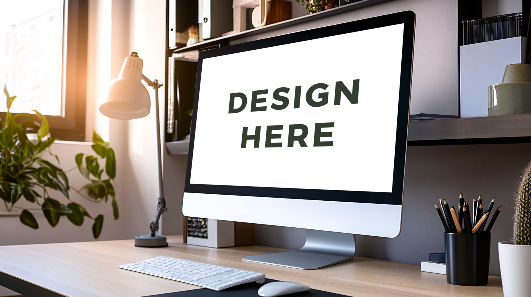 Blank computer screen mockup on desk of modern home office psd