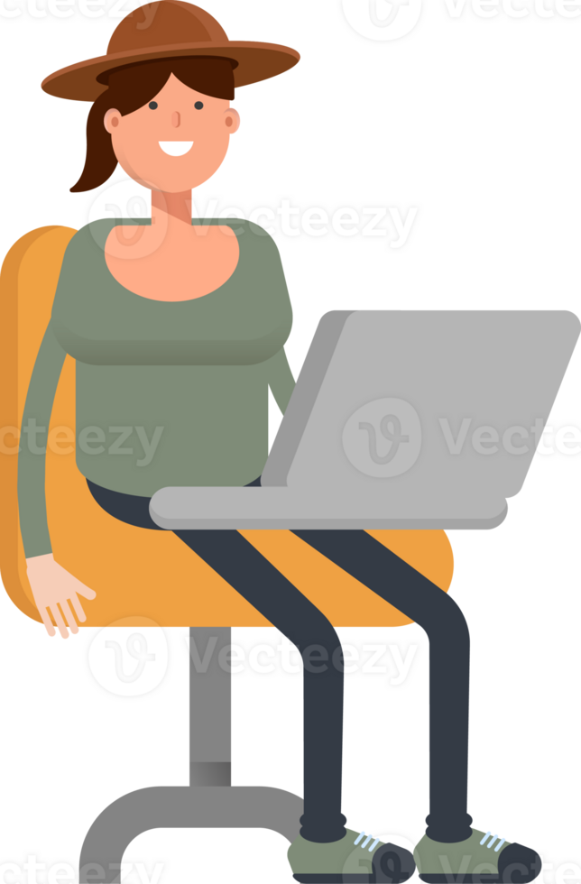 Woman in Hat Character Working on Laptop png