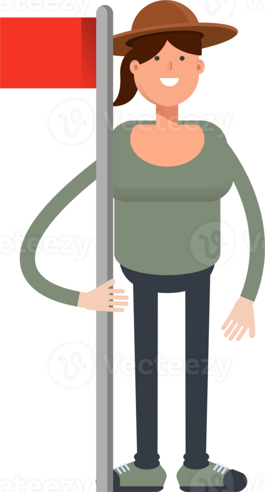 Woman in Hat Character Holding Flag Pole png