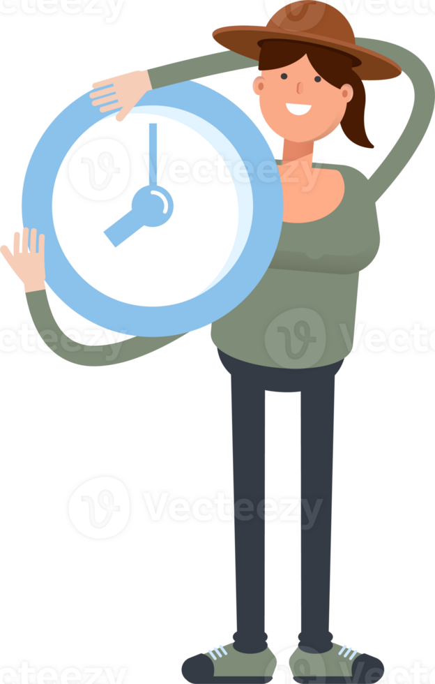 Woman in Hat Character Holding Clock png