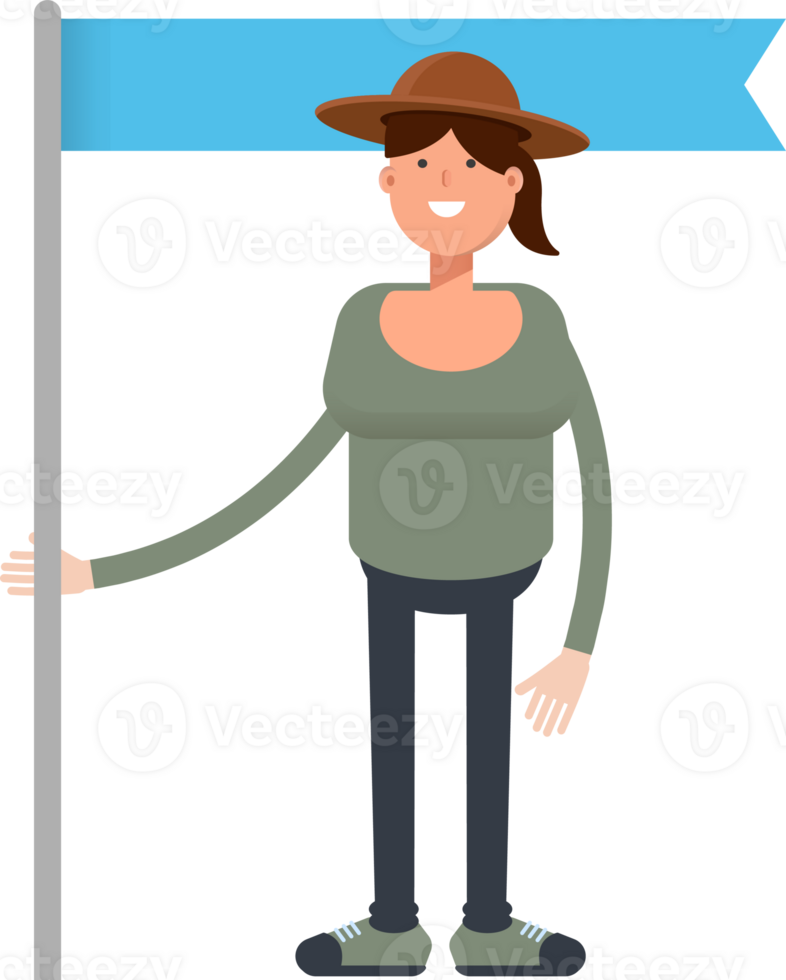 Woman in Hat Character Holding Flag Pole png