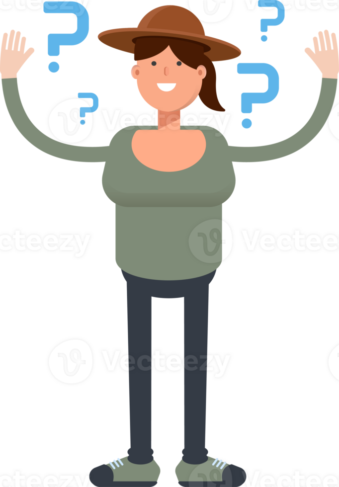 Woman in Hat Character and Question Marks png