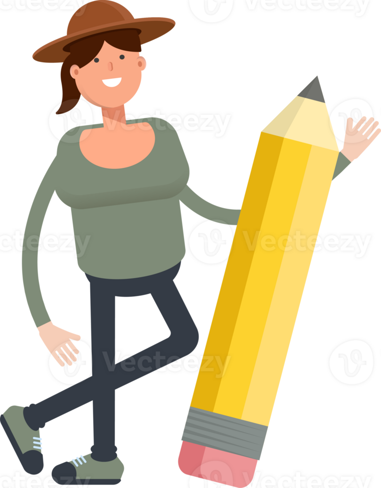 Woman in Hat Character and Pencil png